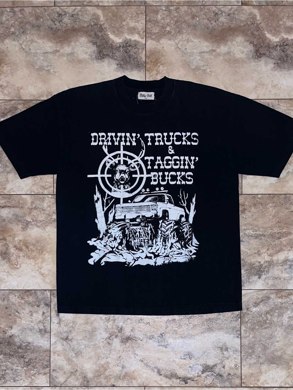 Billy Hill DRIVIN” TRUCKS & TAGGIN’ BUCKS Crackle Print T-Shirt Black Size Large